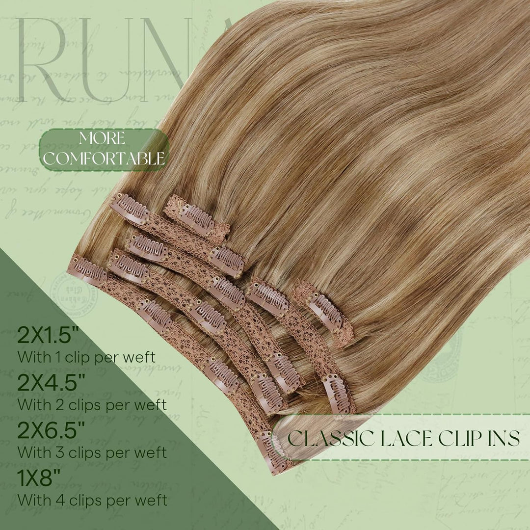 RUNATURE Blond Clip Extensions Echthaar Dunkelblond mit Goldblond Glatt Haar Clip in Haarextensions