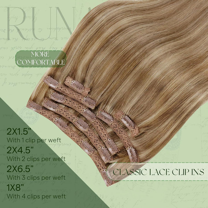 RUNATURE Blond Clip Extensions Echthaar Dunkelblond mit Goldblond Glatt Haar Clip in Haarextensions