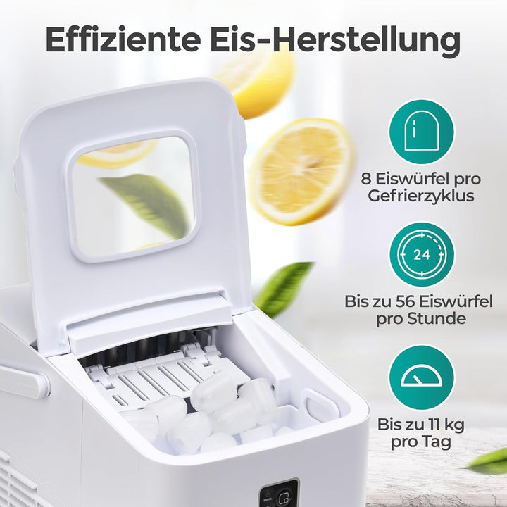 KLAMER Eiswürfelmaschine klein (2025), 8 Eiswürfel in 8 Minuten, 11 kg Eiswürfel pro Tag, 2 Eiswürfe