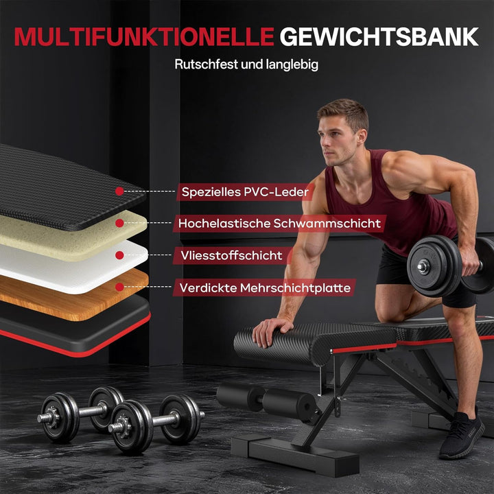 PASYOU Hantelbank Klappbar mit Rückenlehne 300kg Belastbarkeit, Verstellbar Multifunktions Trainings