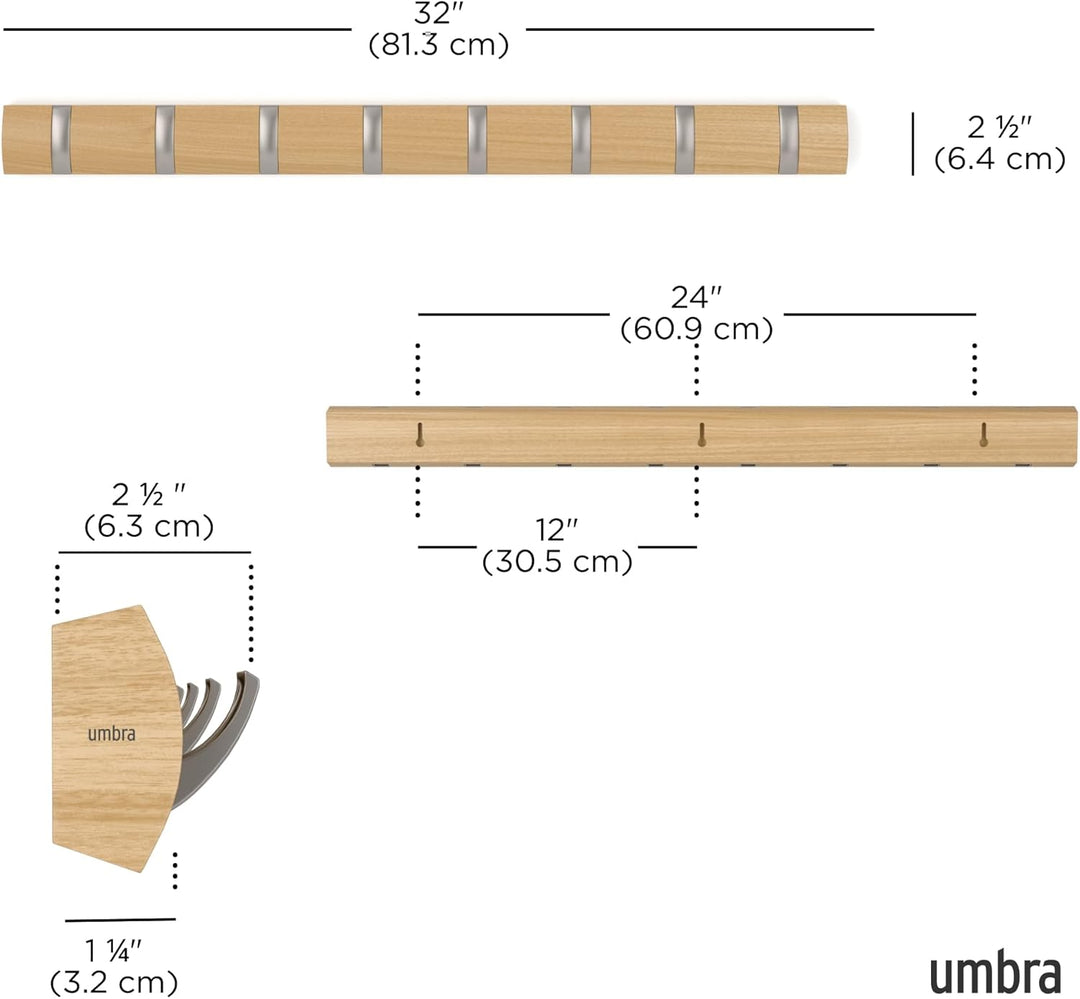 Umbra Flip 8 Garderobenhaken – Moderne, Schlichte und Platzsparende Garderobenleiste mit 8 Beweglich
