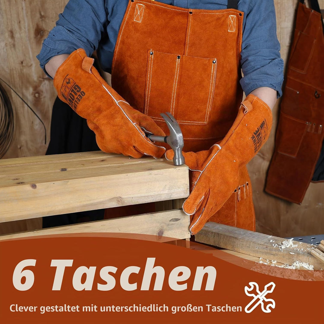 QeeLink Schweissschürze mit Schweisshandschuhe - Lederschürze mit 6 Taschen, Flammhemmende &amp; Hitzebe