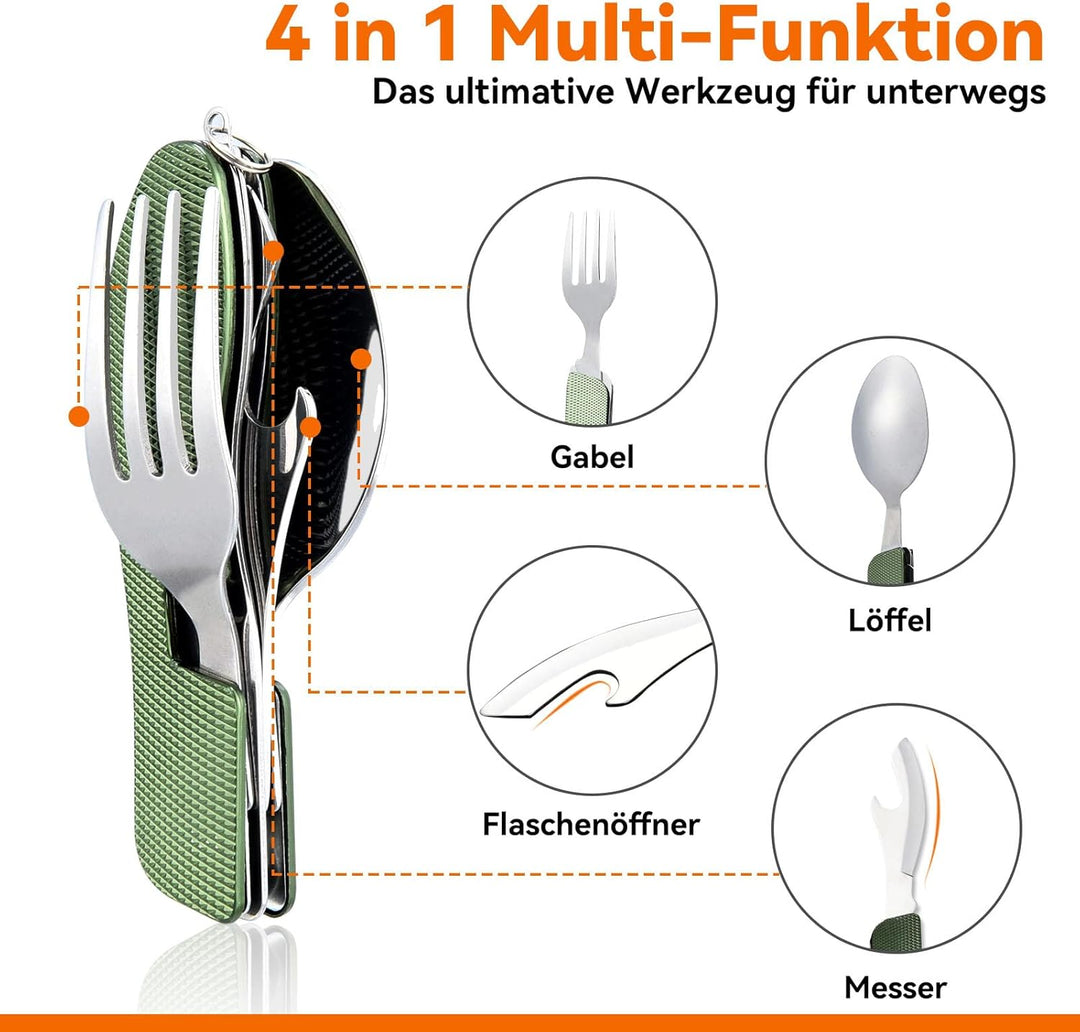 HIKENTURE® Outdoor Campingbesteck Set - Klappbesteck Outdoor Besteck aus Edelstahl mit Gürteltasche