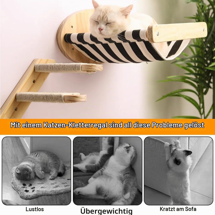 Katzentreppe Kletterwand Holz 4 Stufen Katzenleiter mit Juteseil &amp; Spielangel bis 15kg Traglast für