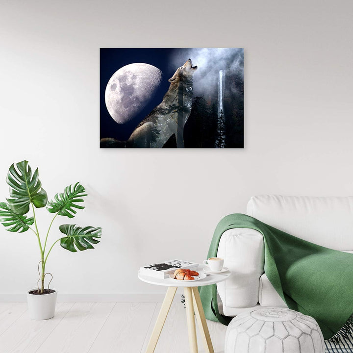 Wandbild XXL Wald Deko Kunst Bilder Wolf Blau 120x80 cm Deko Paneel 120x80 cm Blau_c, Deko Paneel 12