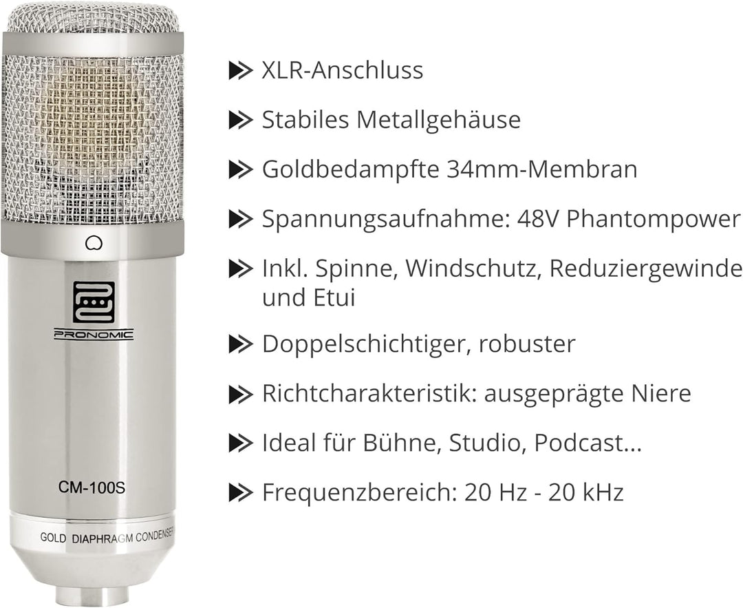Pronomic CM-100S Studio Grossmembranmikrofon XLR-Kondensatormikrofon (mit Mikrofonspinne, Etui, Wind