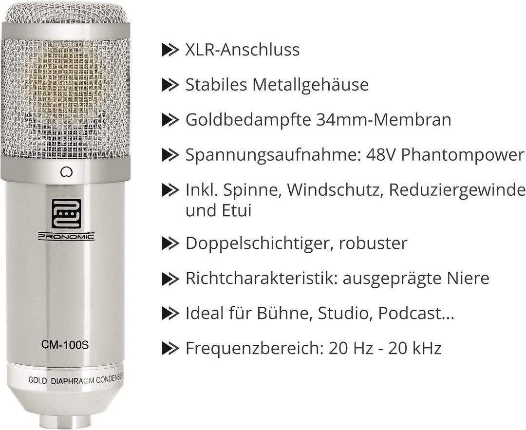 Pronomic CM-100S Studio Grossmembranmikrofon XLR-Kondensatormikrofon inkl. Popkiller Set (mit Mikrof