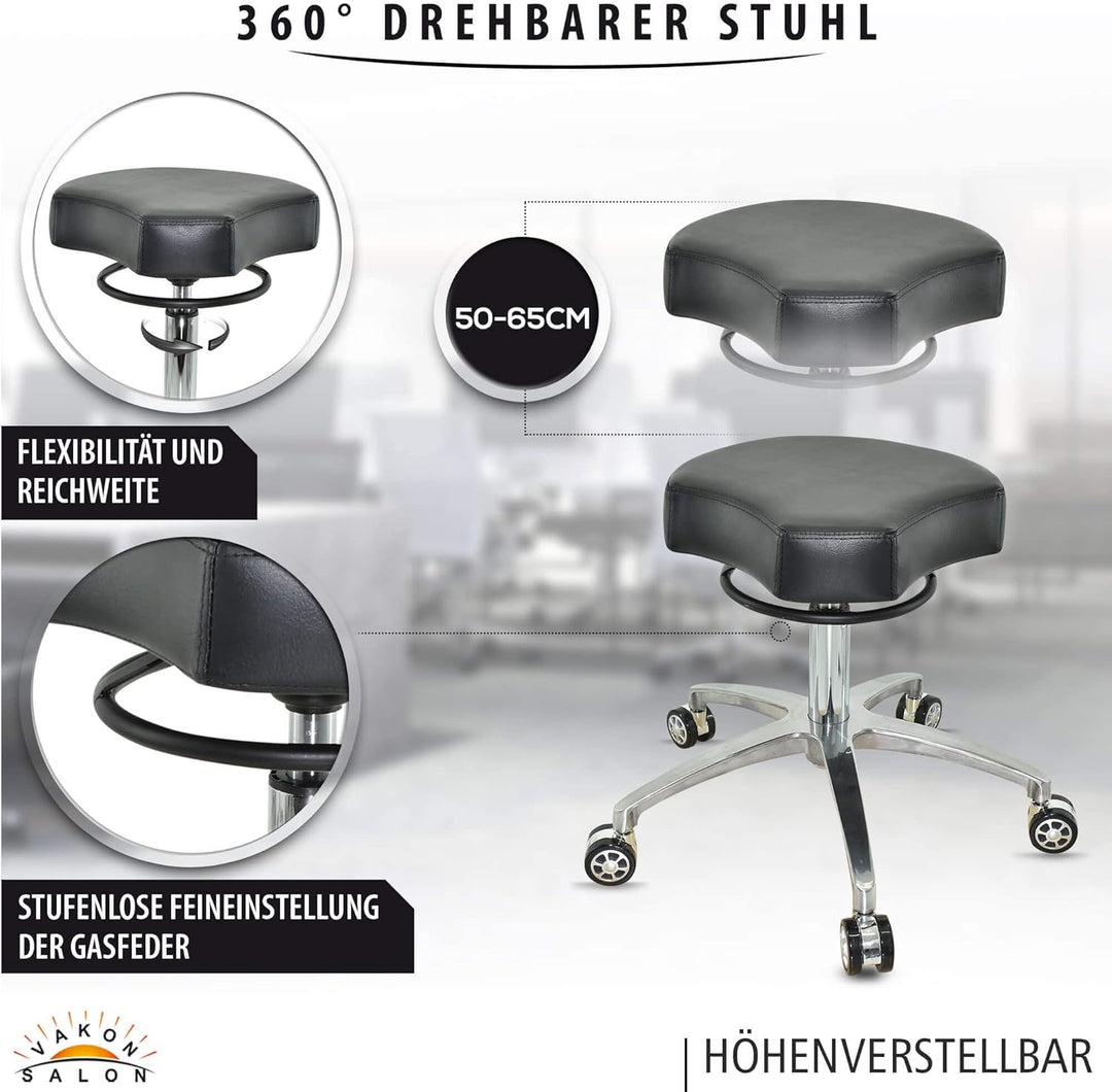 VAKON SALON - Design ergonomischer Rollhocker auf hochwertigen Rollen schwarz - Höhenverstellbarer v