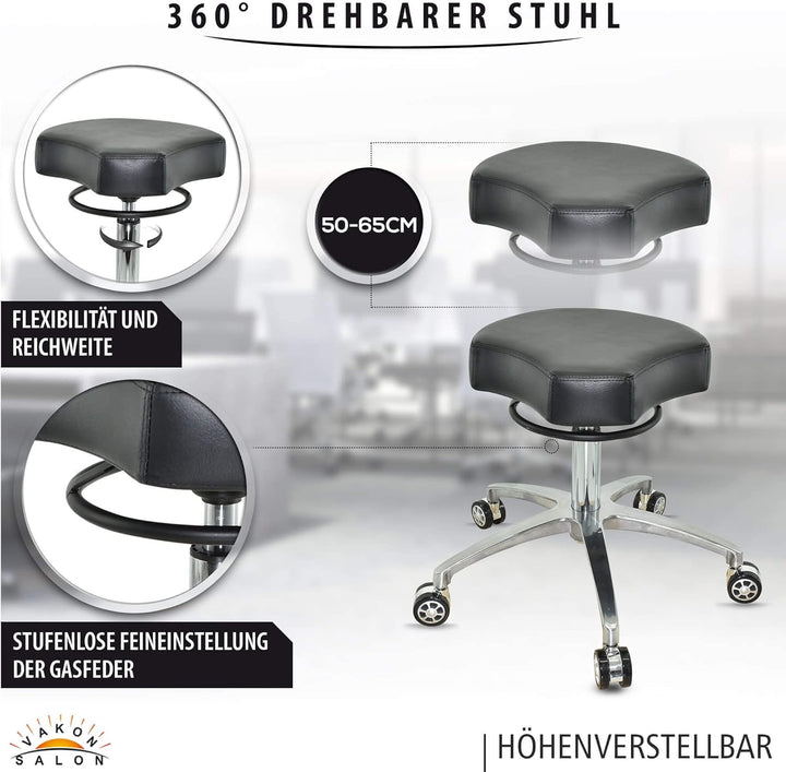 VAKON SALON - Design ergonomischer Rollhocker auf hochwertigen Rollen schwarz - Höhenverstellbarer v