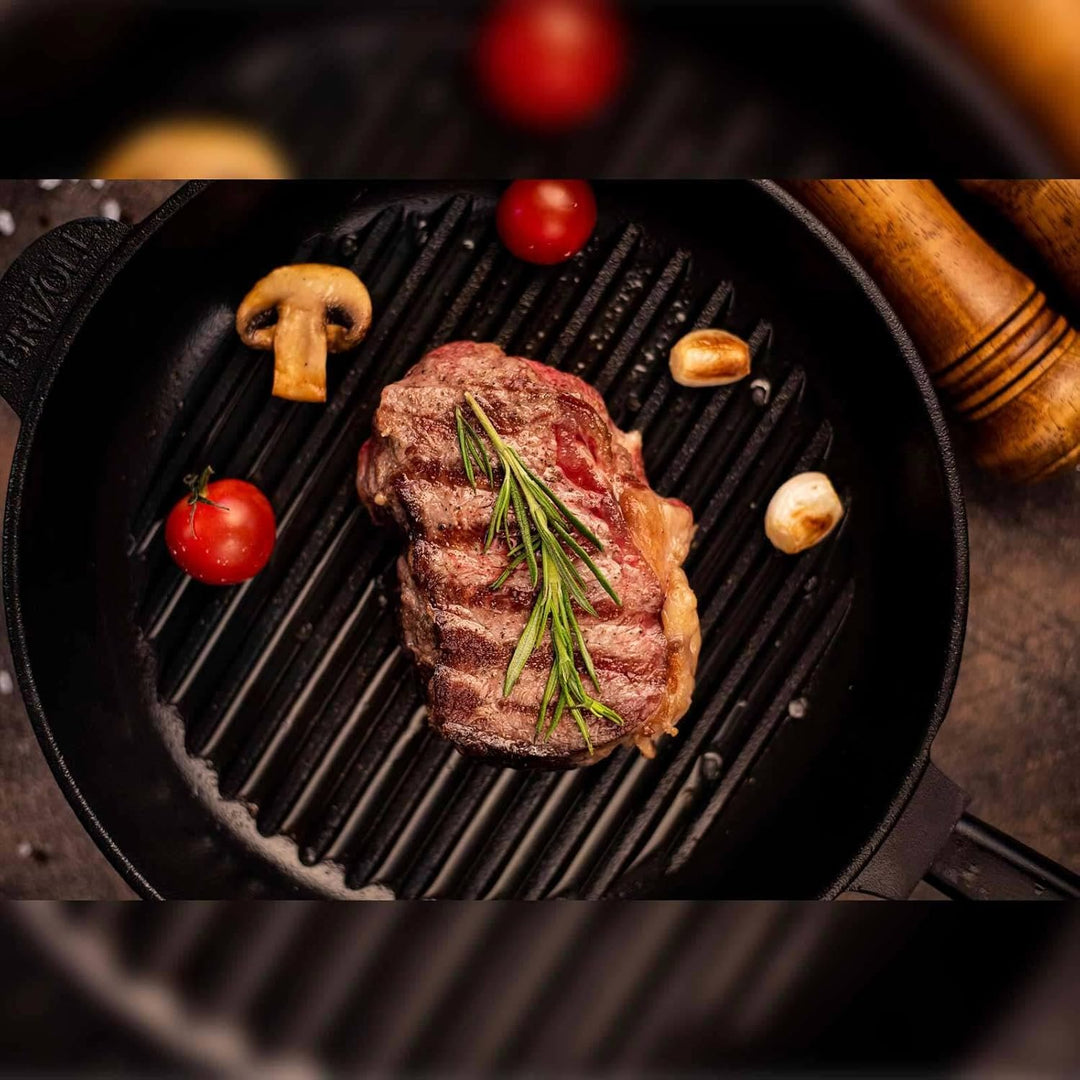 4BIG.fun Ø28cm Grillpfanne aus Gusseisen mit Glasdeckel Induktion Holzgriff Bratpfanne Pfanne Feuerp