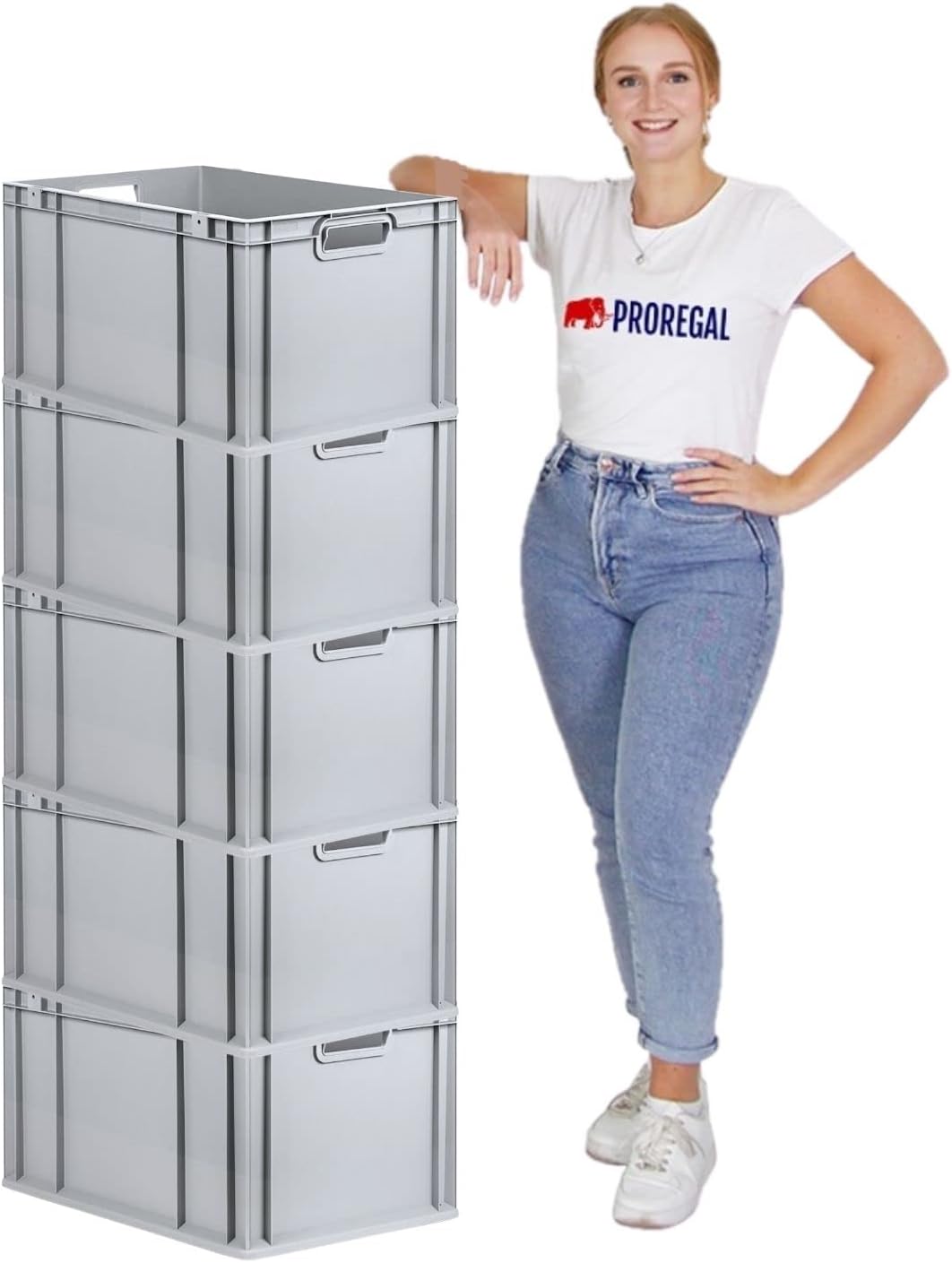 PROREGAL SparSet 5x Eurobox NextGen Grip mit Auflagedeckel &amp; 4 blauen Schiebeschnappverschlüssen, Hx