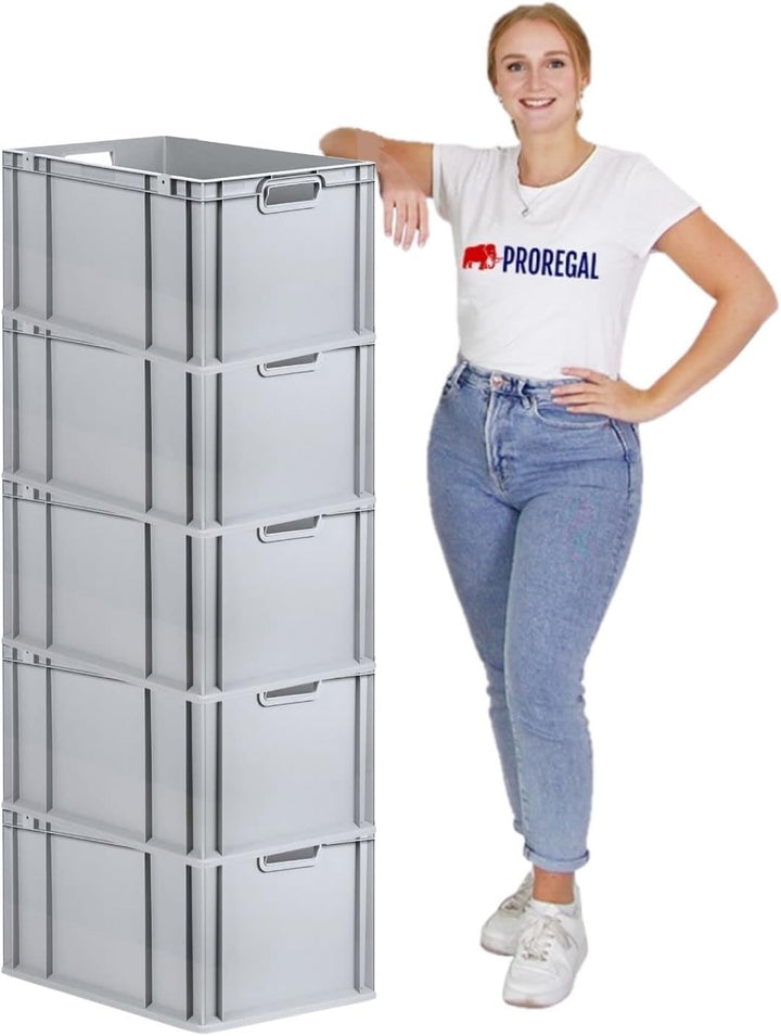 PROREGAL SparSet 5x Eurobox NextGen Grip mit Auflagedeckel &amp; 4 blauen Schiebeschnappverschlüssen, Hx