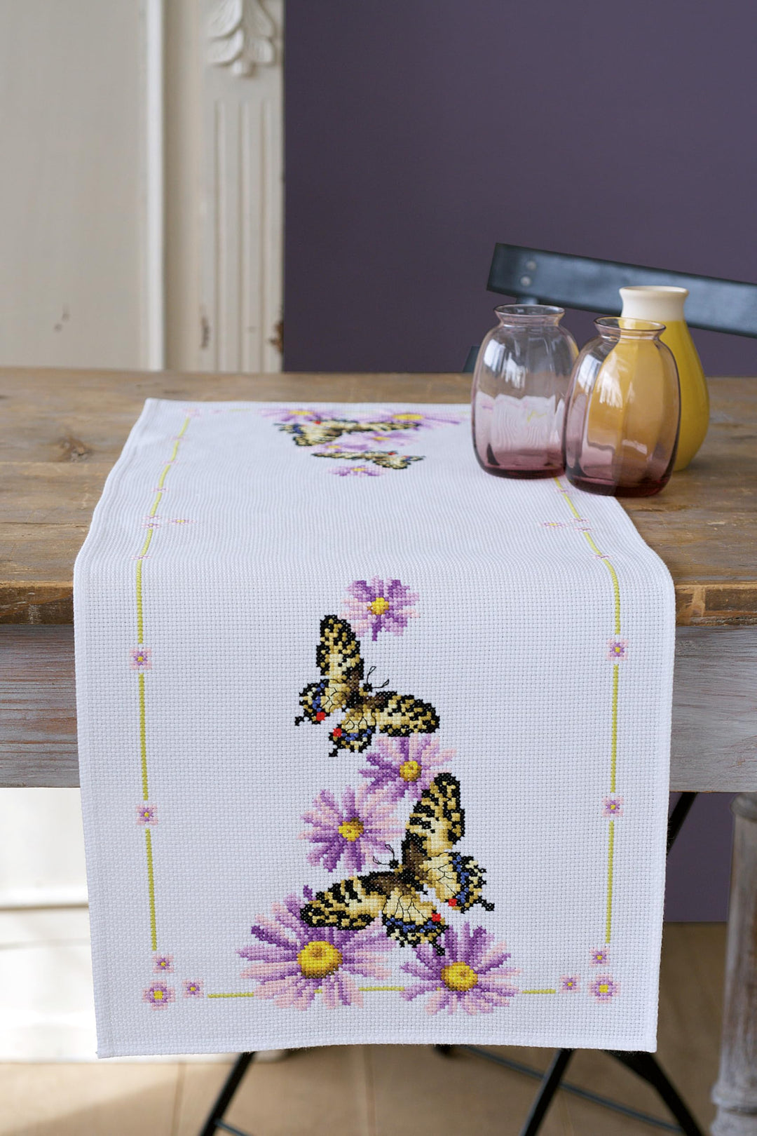 Vervaco Aida Läufer Schmetterling Kreuzstichpackung, Weiss, 32 x 84 x 0,3 cm