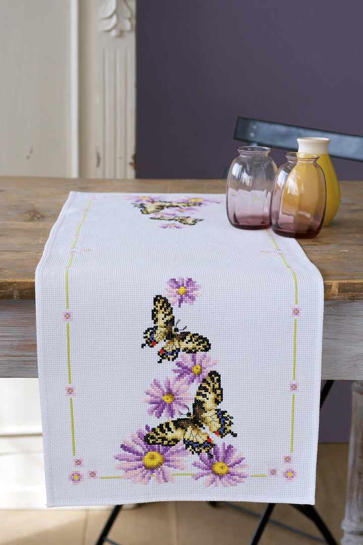 Vervaco Aida Läufer Schmetterling Kreuzstichpackung, Weiss, 32 x 84 x 0,3 cm