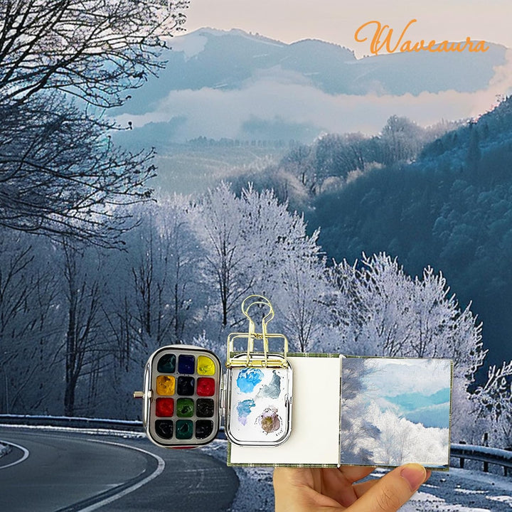 Mini Aquarell Set Unterwegs 12er Leerpalette, 6x6 cm Mini Skizzenbuch 300g/m², Wassertankpinsel & Me