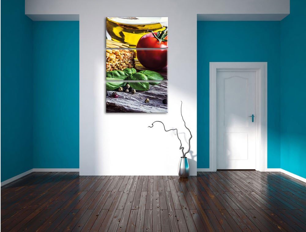 Pixxprint Spaghetti mit Tomaten und Parmesan/Format: 3-Teiler (120x80cm) cm/Leinwandbild fertig besp