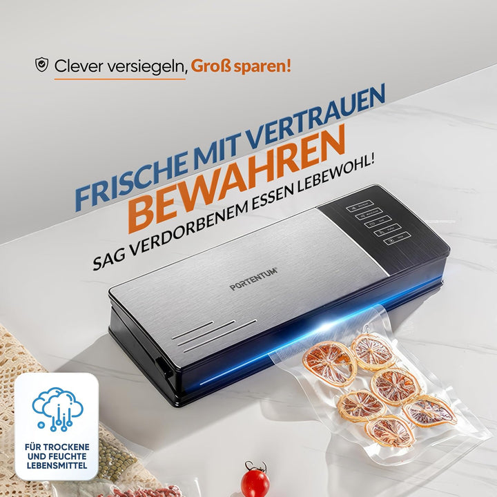 PORTENTUM Vakuumierer für Lebensmittel mit 10 gratis Beuteln – Vakuumiergerät für Lebensmittel – Fol