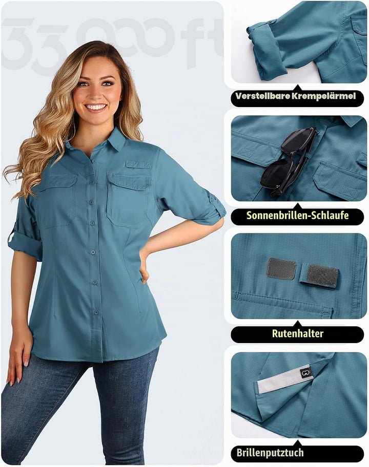 33,000ft Hemdbluse Damen UPF50 UV Schutz Hemd Schnelltrocknende Button-Down Shirts Atmungsaktive Wan