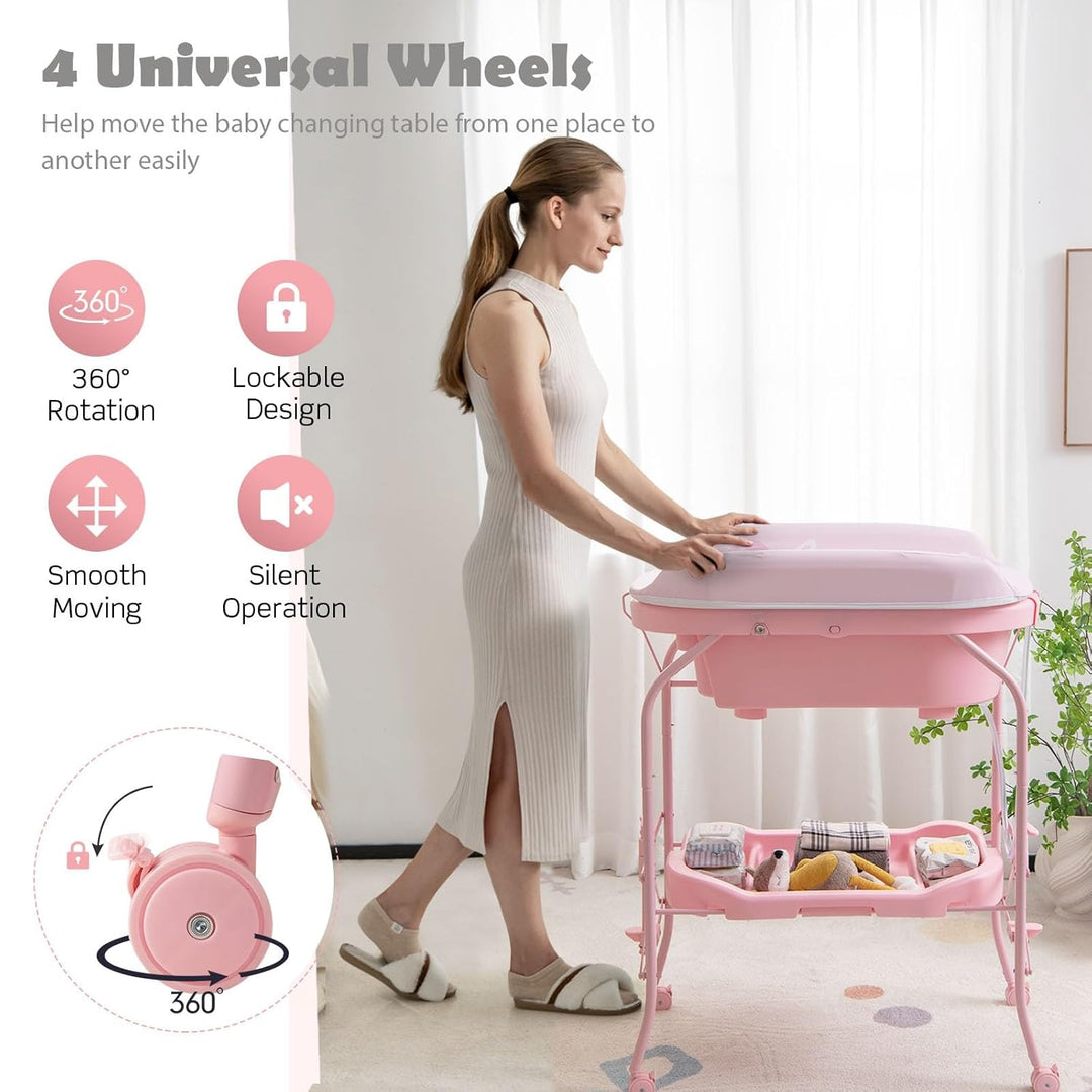 LIFEZEAL Wickeltisch mit Badewanne, 2 in 1 Flatbare Bade-Wickelkombination auf Räder, Badewannenaufs