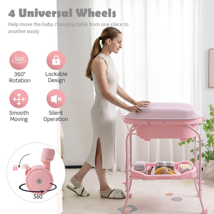 LIFEZEAL Wickeltisch mit Badewanne, 2 in 1 Flatbare Bade-Wickelkombination auf Räder, Badewannenaufs