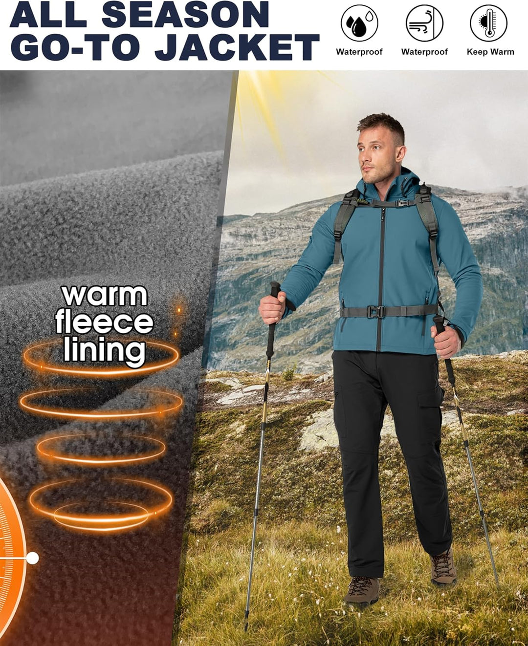 33,000ft Jacke Herren Wasserdichte Atmungsaktiv Softshelljacke - Übergangsjacke Winddichte Regenjack