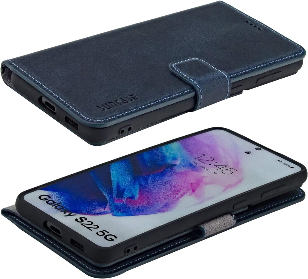 Suncase Book-Style Hülle kompatibel mit Samsung Galaxy S22 5G Leder Tasche (Slim-Fit) Lederhülle Han