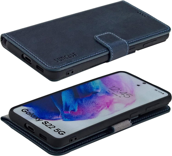 Suncase Book-Style Hülle kompatibel mit Samsung Galaxy S22 5G Leder Tasche (Slim-Fit) Lederhülle Han
