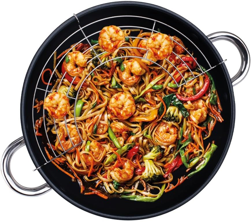 Edelstahl Wok-Pfanne mit Deckel und Ablagegitter Ø 28cm Serie Sevilla Wokpfanne mit Glasdeckel Wok