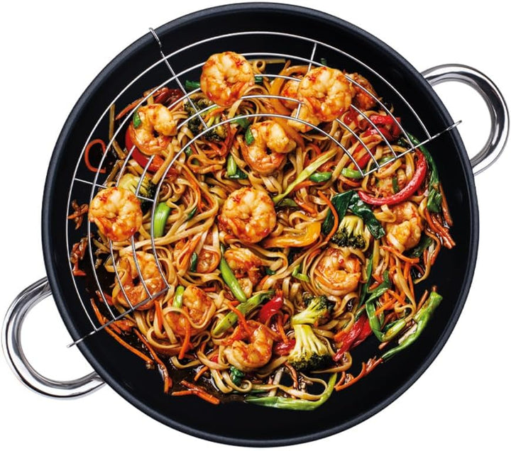 Edelstahl Wok-Pfanne mit Deckel und Ablagegitter Ø 28cm Serie Sevilla Wokpfanne mit Glasdeckel Wok