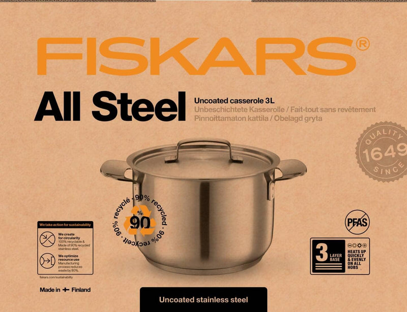 Fiskars Kasserolle, 3 l, Unbeschichtet, Für alle Kochfelder geeignet, Recycelter Edelstahl, All Stee