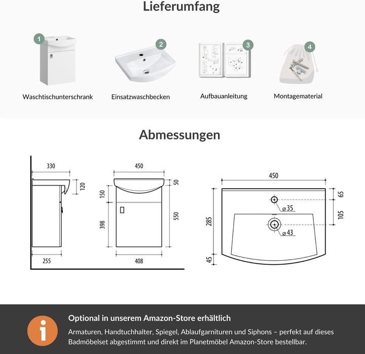 Planetmöbel Waschbecken mit Waschbeckenunterschrank/Waschtisch-Unterschrank 45cm Gäste Bad WC (Weiss
