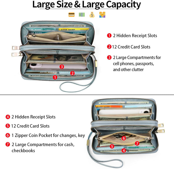 GAEKEAO Geldbörse Damen Gross, Portemonnaie Damen Veganes Leder Doppel Reissverschluss Kreditkartene
