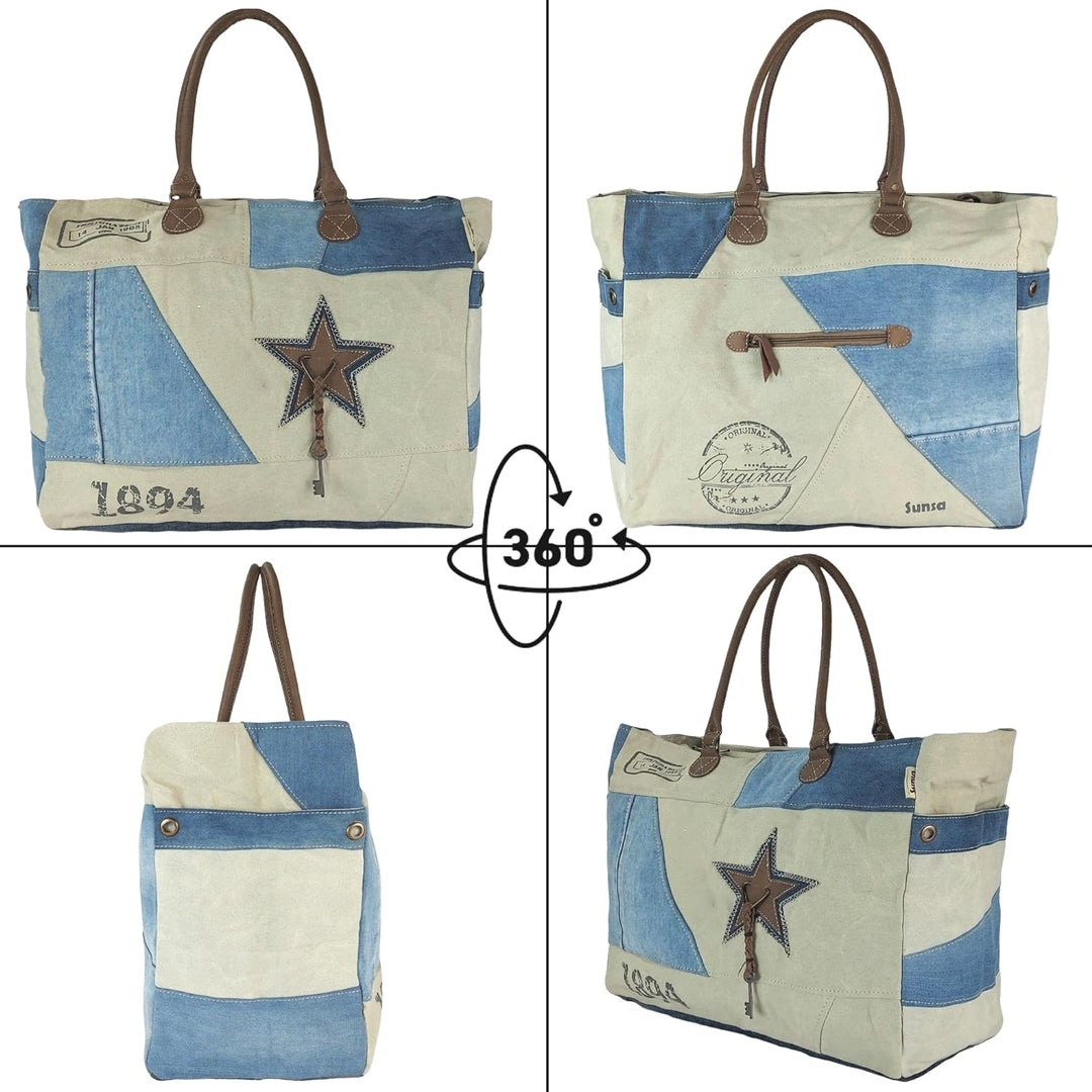 Sunsa Damen Handtasche. XXL Tasche aus Canvas recycelte Jeans & Leder. Nachhaltige Strandtasche/Week
