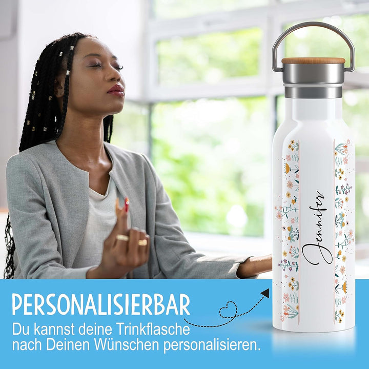 OWLBOOK Blumen Elegante Schrift Trinkflasche personalisiert Erwachsene Frauen Edelstahl 600ml - Ther