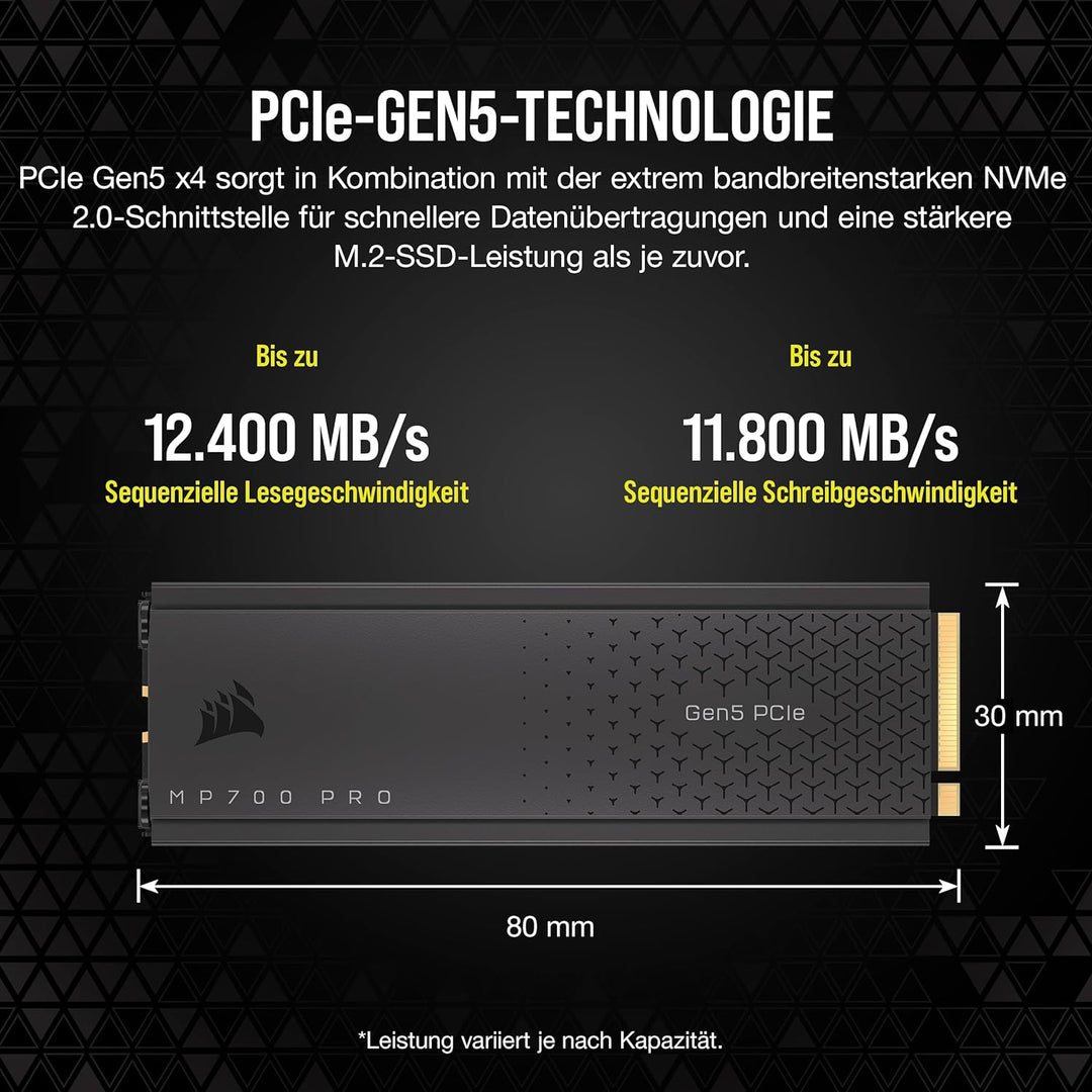 Corsair MP700 PRO Mit Luftkühler 2TB M.2 PCIe Gen5 x4 NVMe 2.0 SSD - M.2 2280 - Bis zu 12.400MB/sec