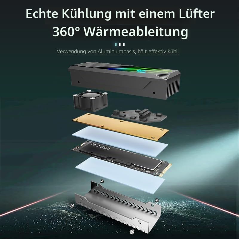 RGB Sync M.2 NVMe SSD Kühlkörper mit eingebautem Lüfter, Hochleistungskühlung, dynamische LED-Beleuc