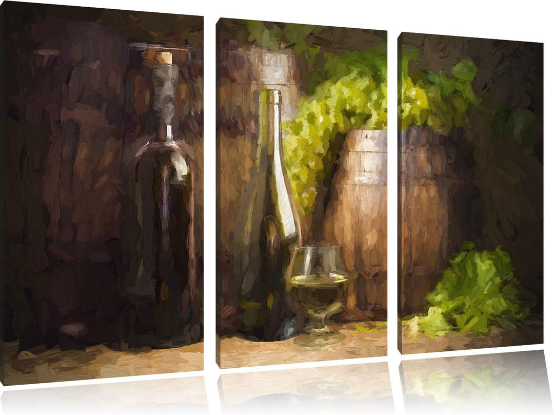 Pixxprint Fässer mit Weintrauben und Wein als Leinwandbild/Grösse: 3 Teilig (120x80) cm/Wandbild/Kun