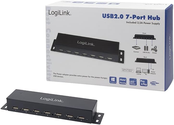 LogiLink UA0148 USB 2.0 HUB 7-port, incl. Power Display, Full Metal Housing Single, Single