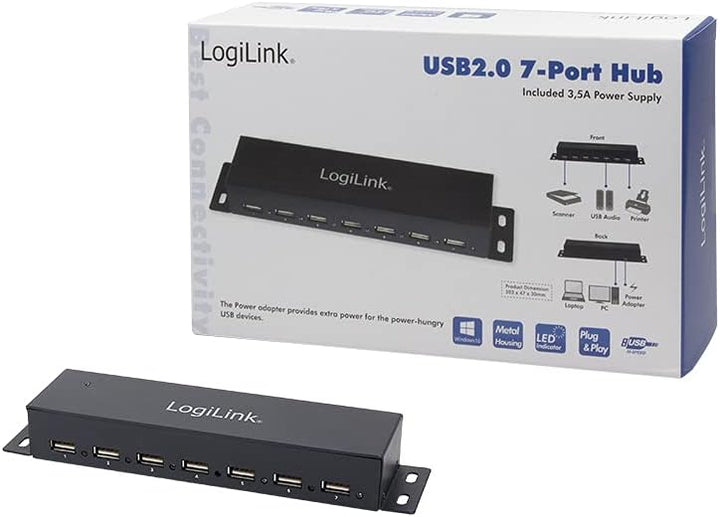 LogiLink UA0148 USB 2.0 HUB 7-port, incl. Power Display, Full Metal Housing Single, Single