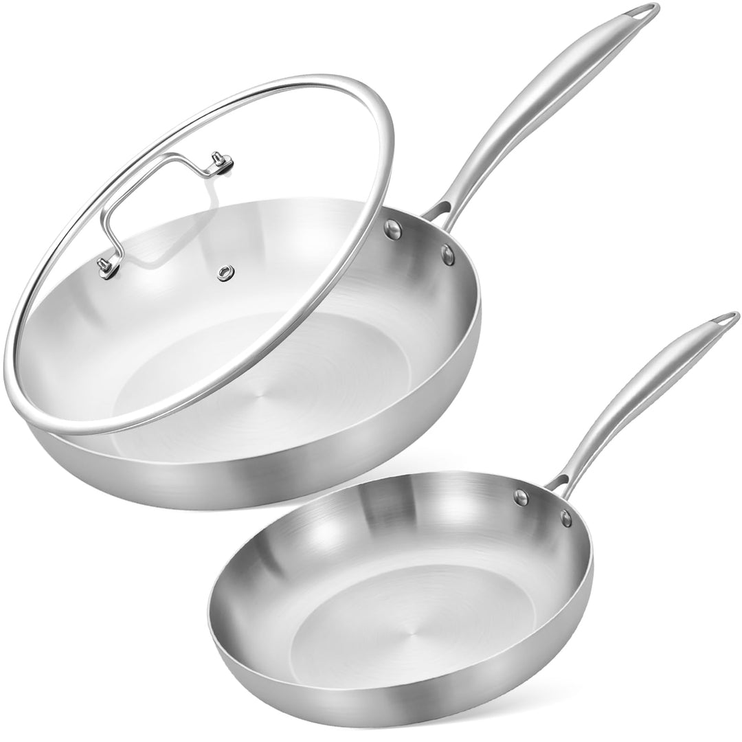 Inqibee Edelstahlpfanne Bratpfannenset Unbeschichtet 22 cm & 26 cm mit Deckel - Pfannenset Edelstahl