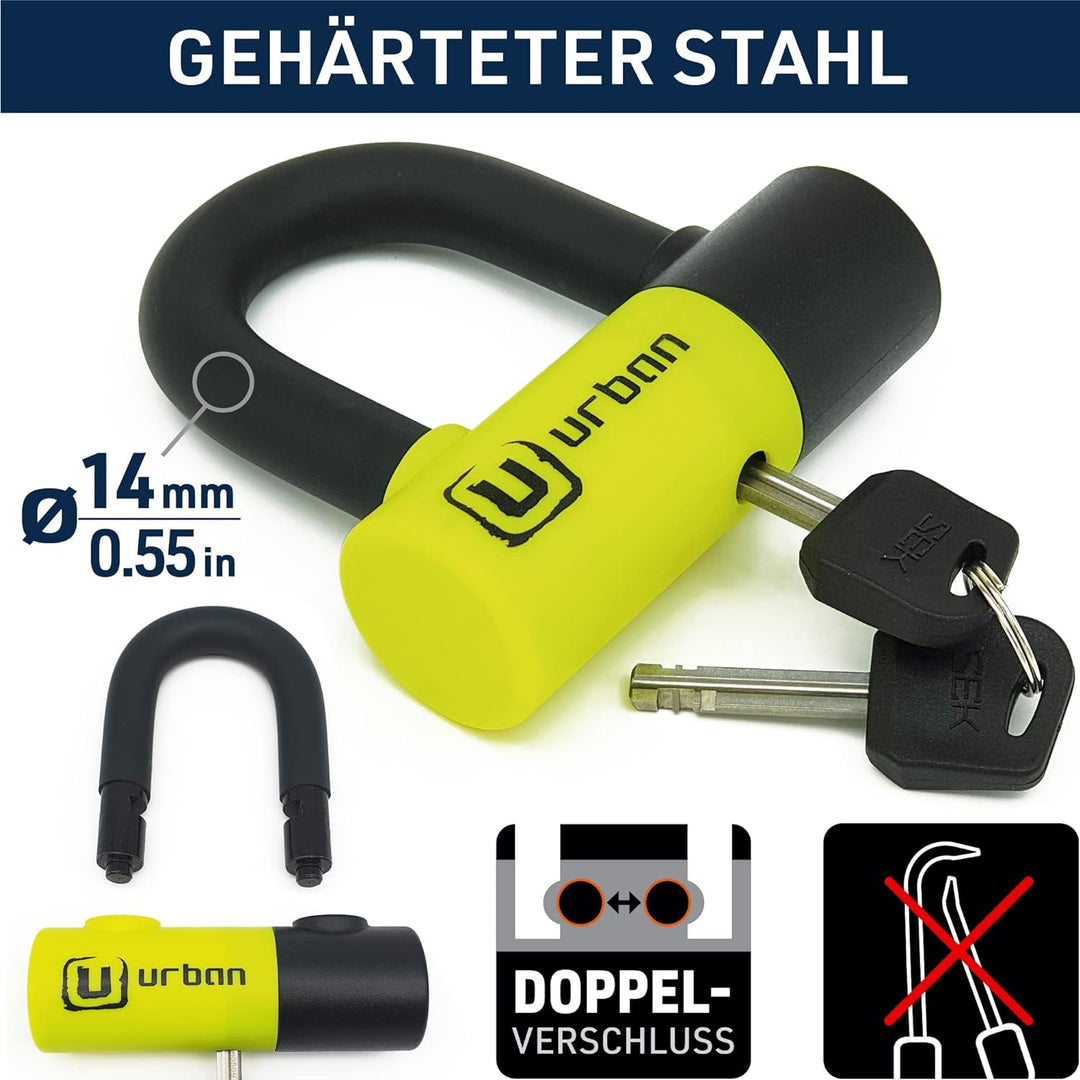 Urban UR59 Bremsscheibenschloss Mini Bügelschloss Motorrad Fahrrad Roller E Scooter Schloss, 14mm, U