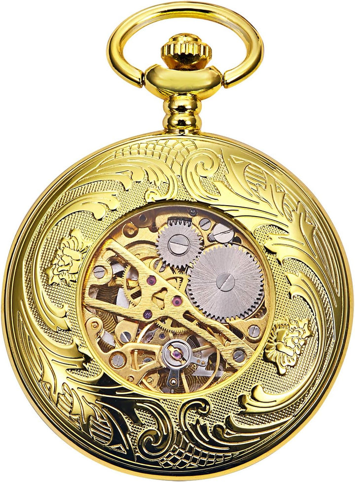 TREEWETO Unisex Taschenuhr mit Kette Analog Handaufzug Antik Graviert Römische Silber/Gold/Schwarz,