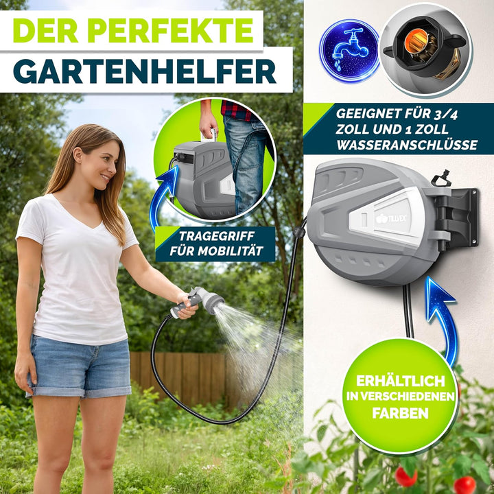 tillvex Schlauchtrommel Wasser mit Wandhalterung + Tragegriff | Schlauchaufroller mit Handbrause und