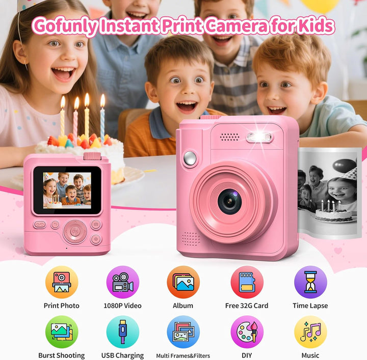 Gofunly Sofortbildkamera Kinder, 1080P HD Kinderkamera Sofortbildkamera mit 32GB Karte & DruckerPapi