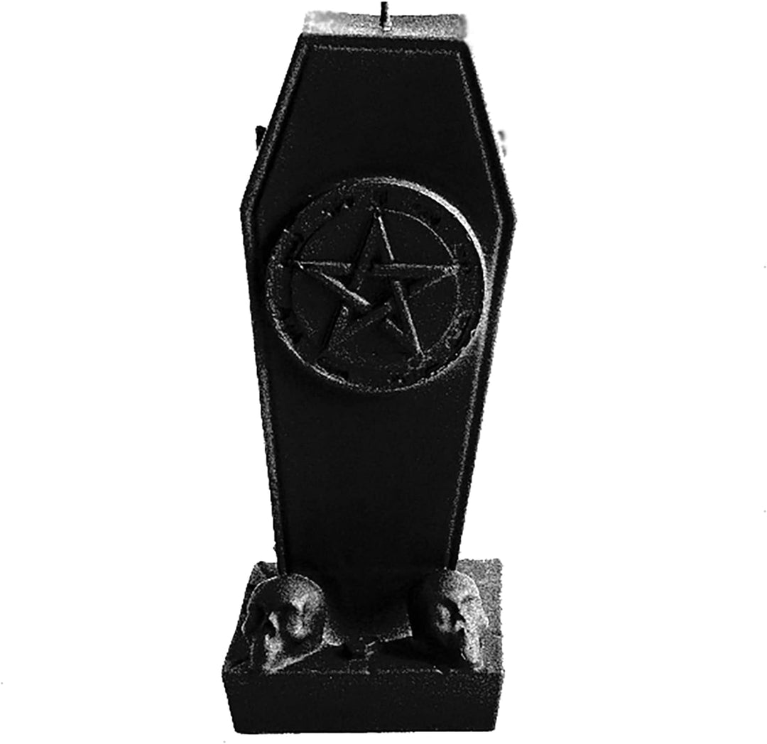 Candellana Kerze Sarg mit Pentagramm | Höhe: 17 cm | Schwarz Metallic | Brennzeit 35h | Halloween |