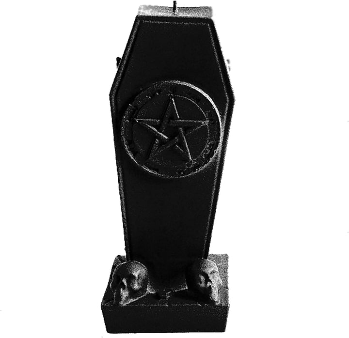 Candellana Kerze Sarg mit Pentagramm | Höhe: 17 cm | Schwarz Metallic | Brennzeit 35h | Halloween |
