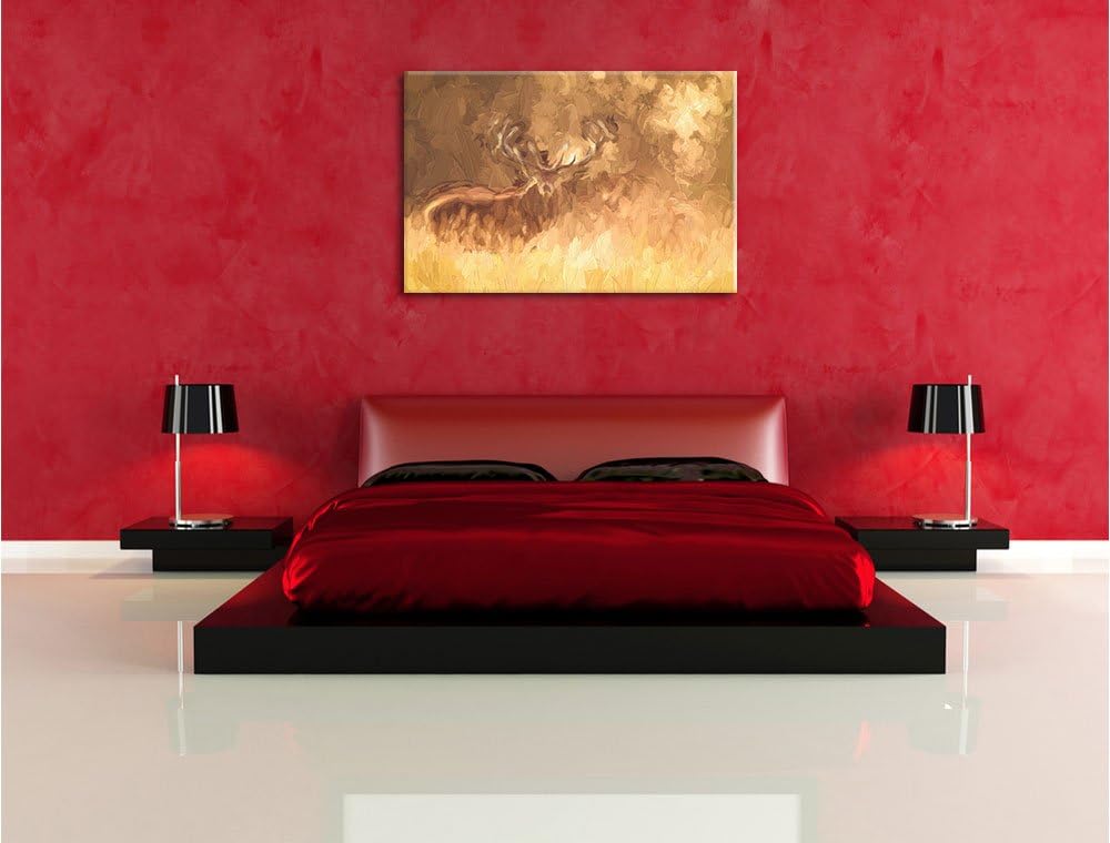 Pixxprint Rotwild im goldenen Morgenlicht Kunst Pinsel Effekt, Format: 100x70 auf Leinwand, XXL ries