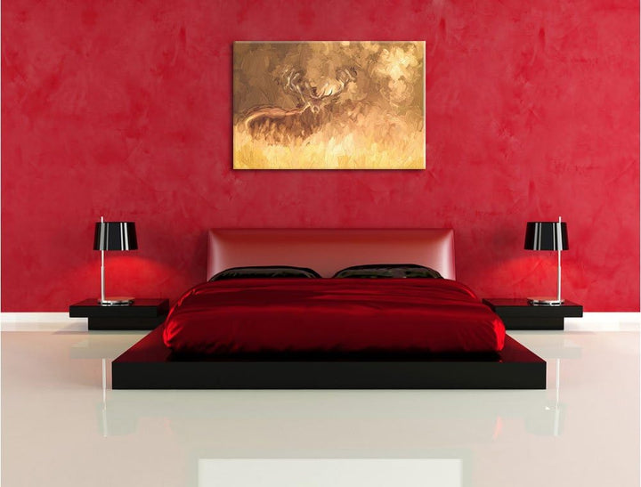 Pixxprint Rotwild im goldenen Morgenlicht Kunst Pinsel Effekt, Format: 100x70 auf Leinwand, XXL ries