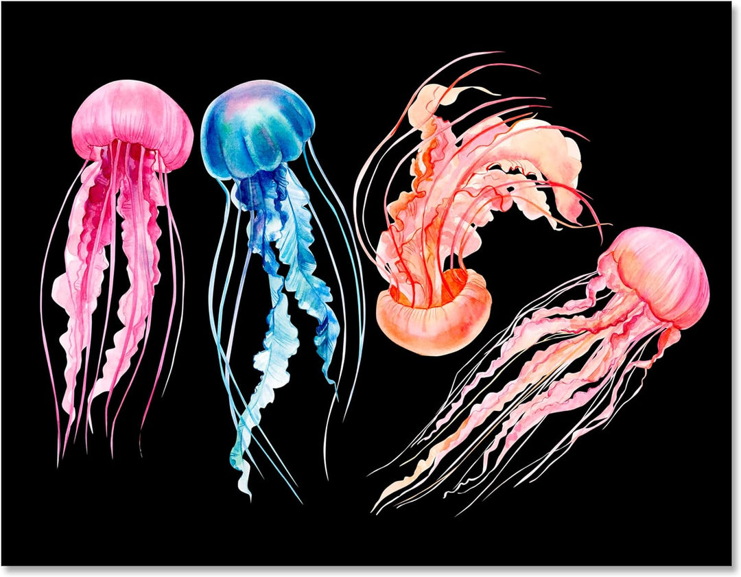 wandmotiv24 Maritime Deko als Leinwandbild, 100x75cm, Querformat, Bunte Quallen, Aquarell Gemälde, T