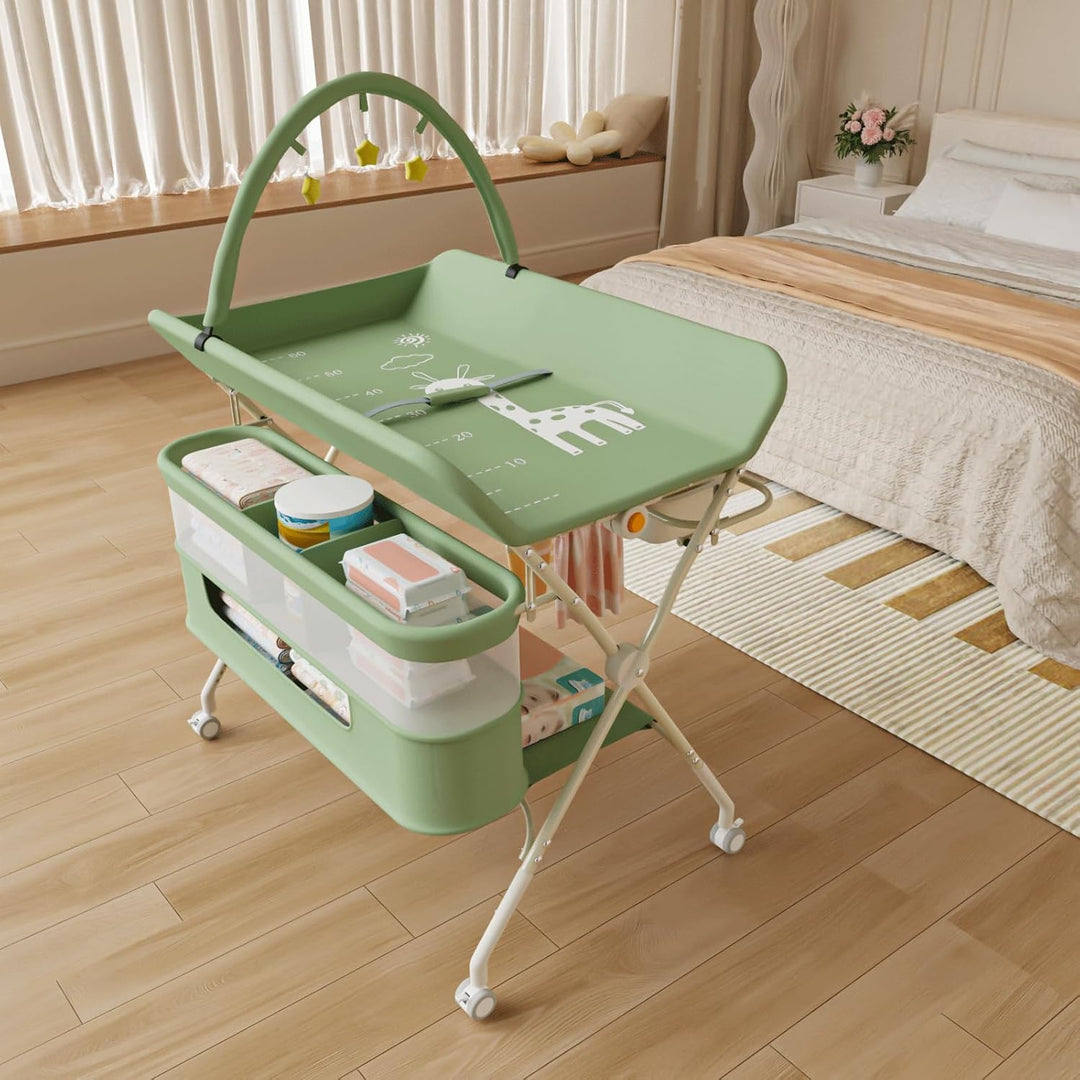 Wickeltisch Baby Pliable mit Spielbogen & Doppelter Aufbewahrung – Klappbare Wickelkommode Höhenvers